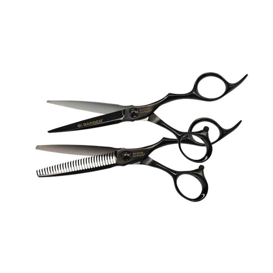 Olivia Garden OG Barber 5.75 inch offset shear with its straight slimmer, on a plain white background