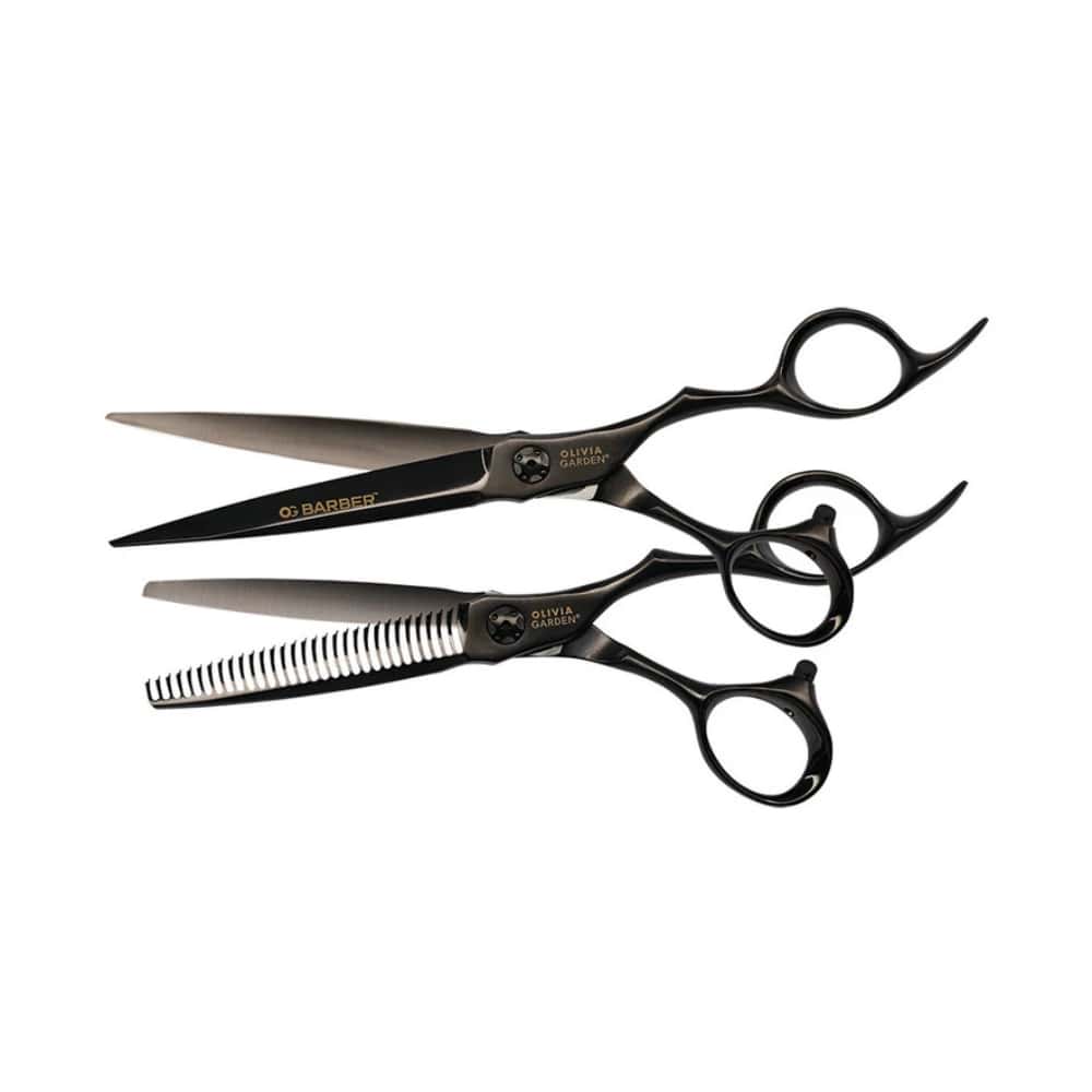 Olivia Garden OG Barber 7 inch offset shear with its straight slimmer, on a plain white background