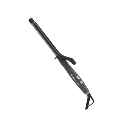 Olivia Garden Curling Iron — dark grey Titanium + Ion curling iron with a slim barrel and black spring clamp, heat settings and controls on the body, coiled black cord, angled view on plain white