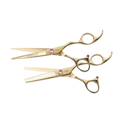Olivia Garden Right handed shear set — 6.5 in: shear and thinner pair, blades open, plain white background