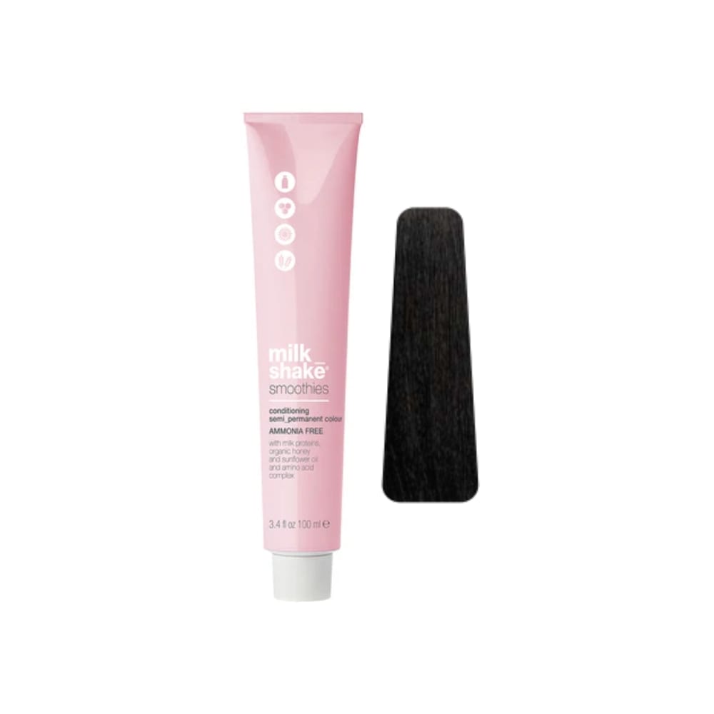 milk_shake Smoothies Semi-Permanent Hair Colour — 1N Black 100 ml tube and swatch