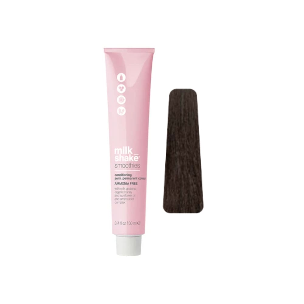 milk_shake Smoothies Semi-Permanent Hair Colour — 5A Ash Light Brown 100 ml tube and swatch