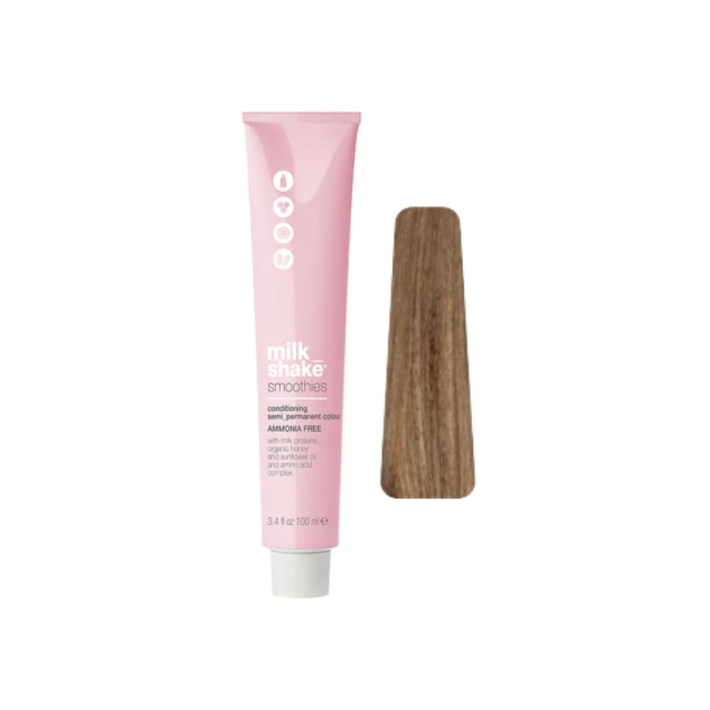 milk_shake Smoothies Semi-Permanent Hair Colour — 6AG Ash Golden Dark Blond 100 ml tube and swatch
