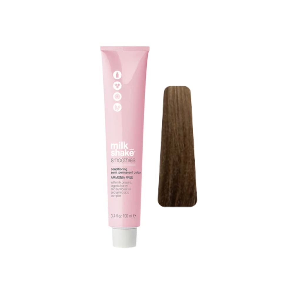 milk_shake Smoothies Semi-Permanent Hair Colour — 7AG Ash Golden Medium Blond 100 ml tube and swatch