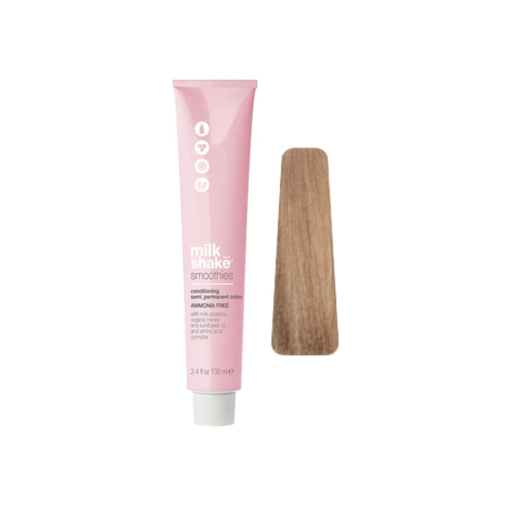 milk_shake Smoothies Semi-Permanent Hair Colour — 8AG Ash Golden Light Blond 100 ml tube and swatch