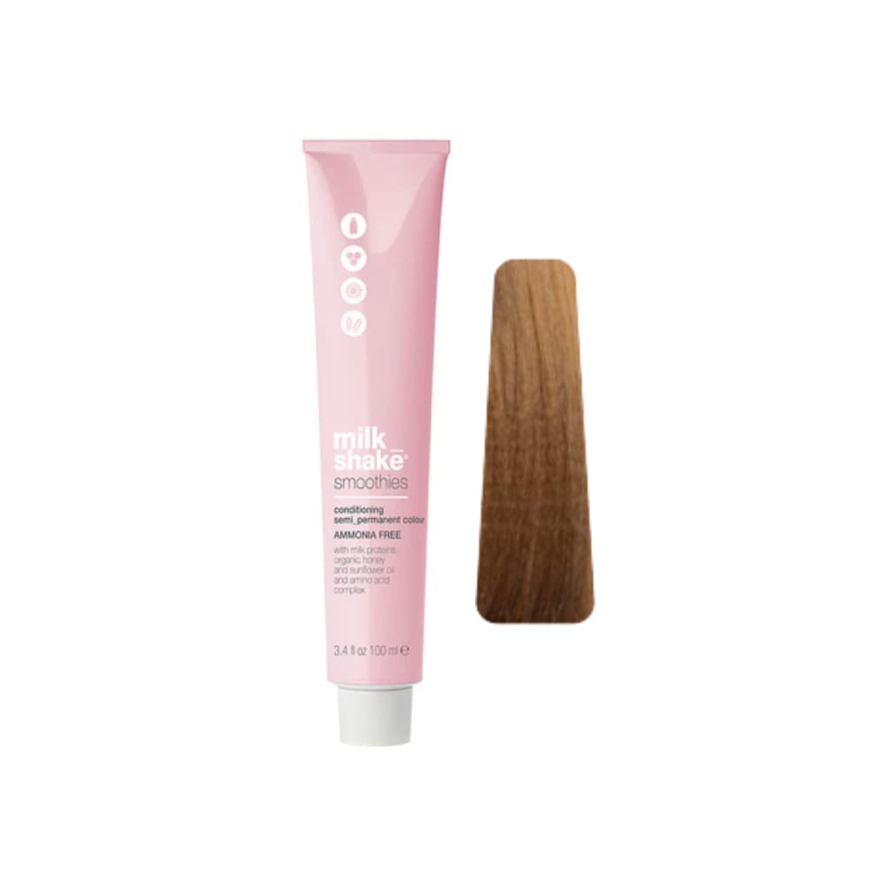 milk_shake Smoothies Semi-Permanent Hair Colour — 7GG Intense Golden Medium Blond 100 ml tube and swatch
