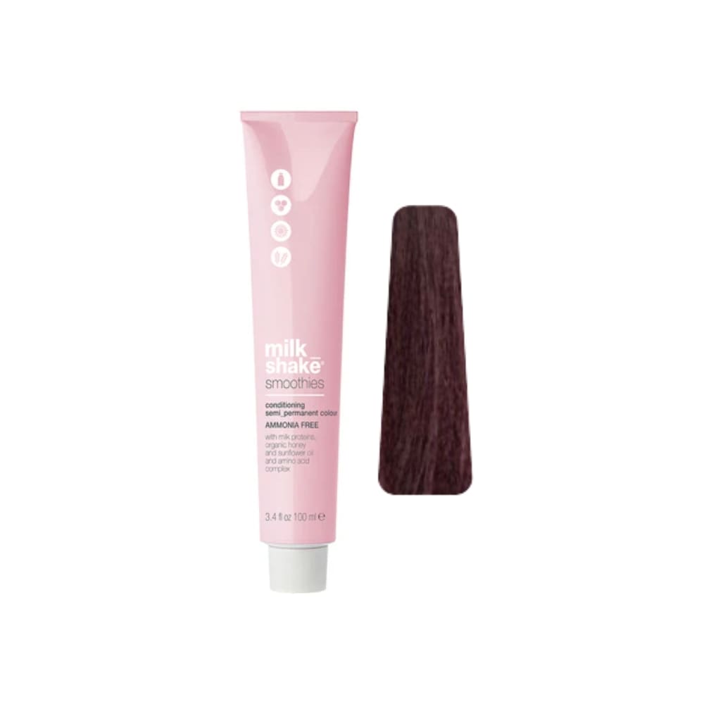 milk_shake Smoothies Semi-Permanent Hair Colour — 4V Violet Medium Brown 100 ml tube and swatch