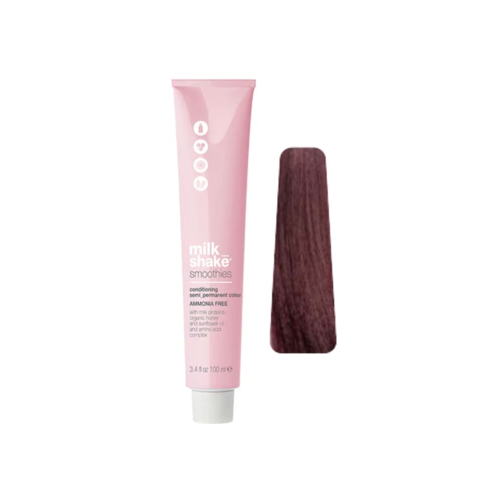 milk_shake Smoothies Semi-Permanent Hair Colour — 5VV Intense Violet Light Brown 100 ml tube and swatch