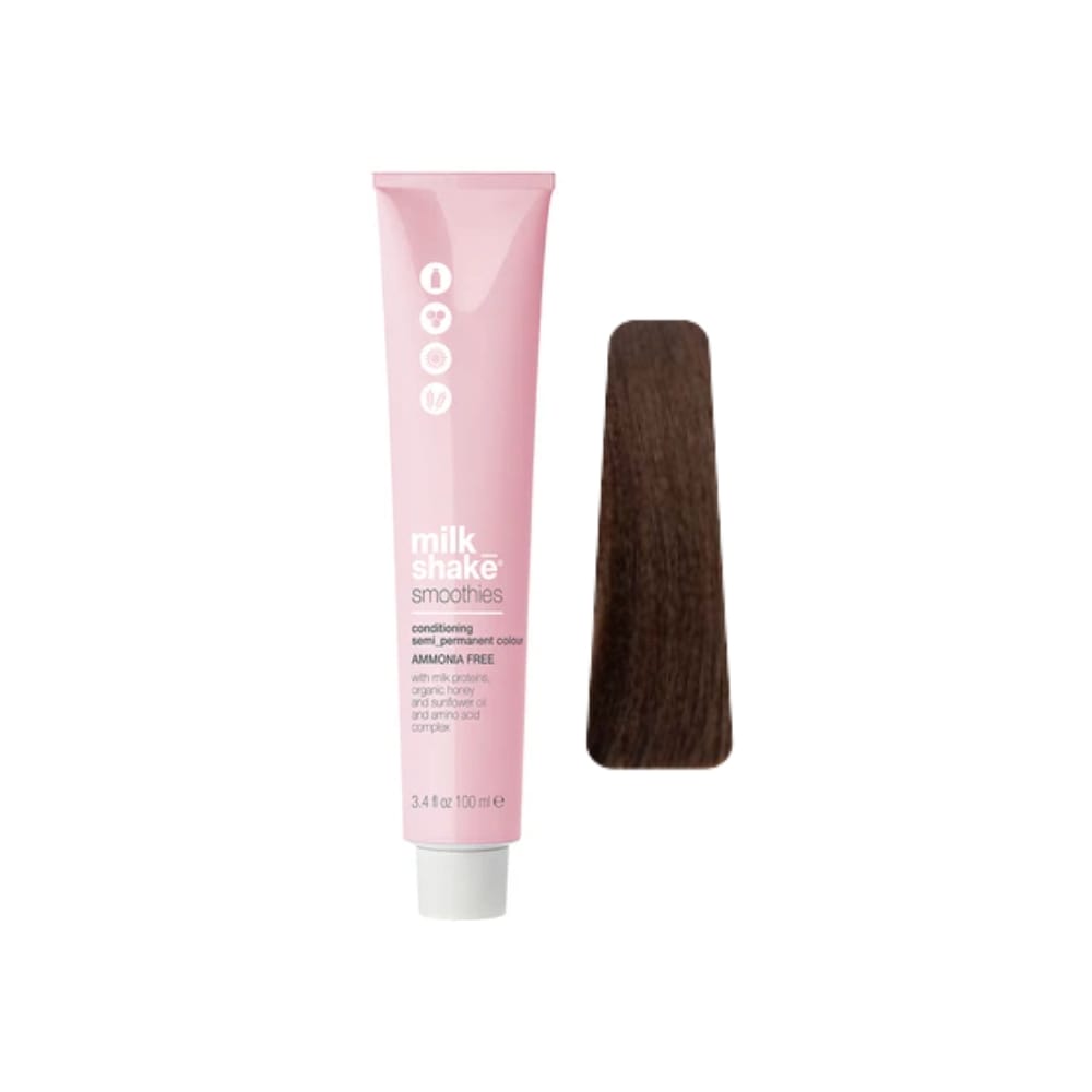 milk_shake Smoothies Semi-Permanent Hair Colour — 4CA Copper Ash Medium Brown 100 ml tube and swatch
