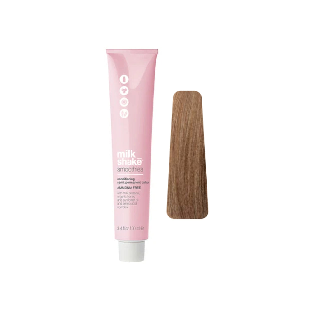 milk_shake Smoothies Semi-Permanent Hair Colour — 7CA Copper Ash Medium Blond 100 ml tube and swatch