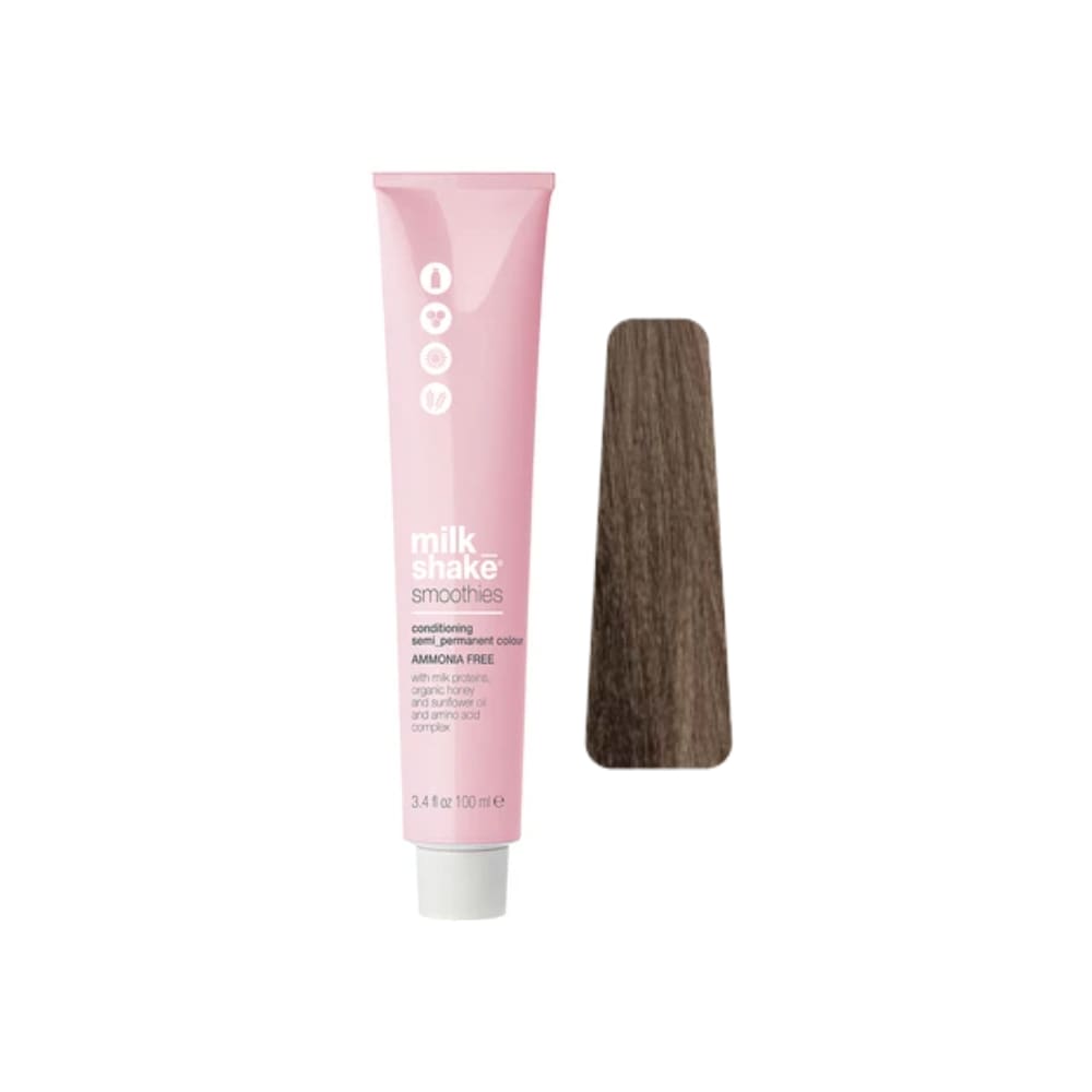 milk_shake Smoothies Semi-Permanent Hair Colour — 6BA Moka Ash Dark Blond 100 ml tube and swatch