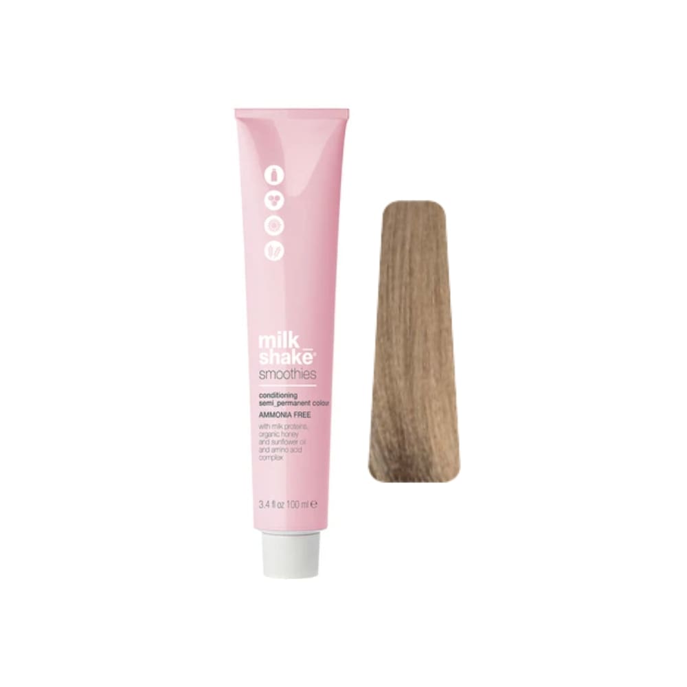 milk_shake Smoothies Semi-Permanent Hair Colour — 8BA Moka Ash Light Blond 100 ml tube and swatch