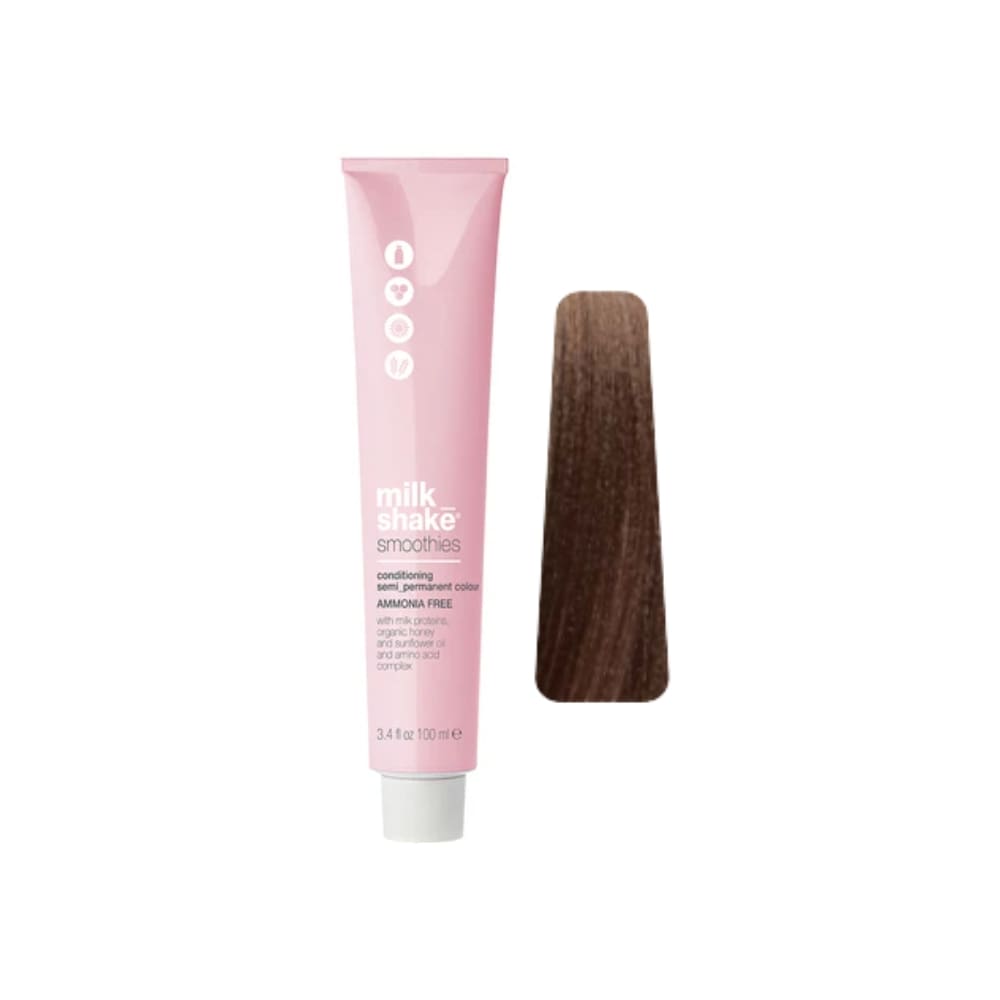 milk_shake Smoothies Semi-Permanent Hair Colour — 6AM Ash Mahogany Dark Blond 100 ml tube and swatch