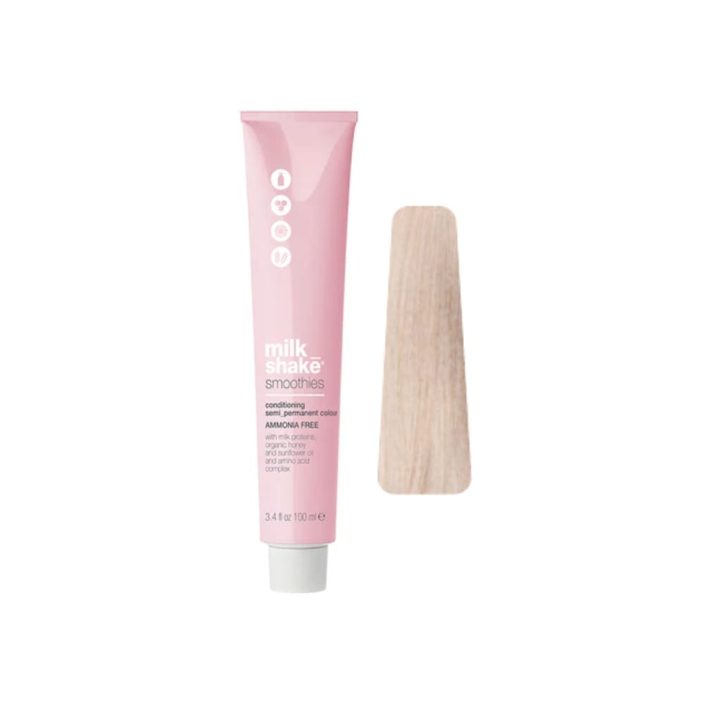 milk_shake Smoothies Semi-Permanent Hair Colour — 10NV Natural Violet Platinum Lightest Blond 100 ml tube and swatch