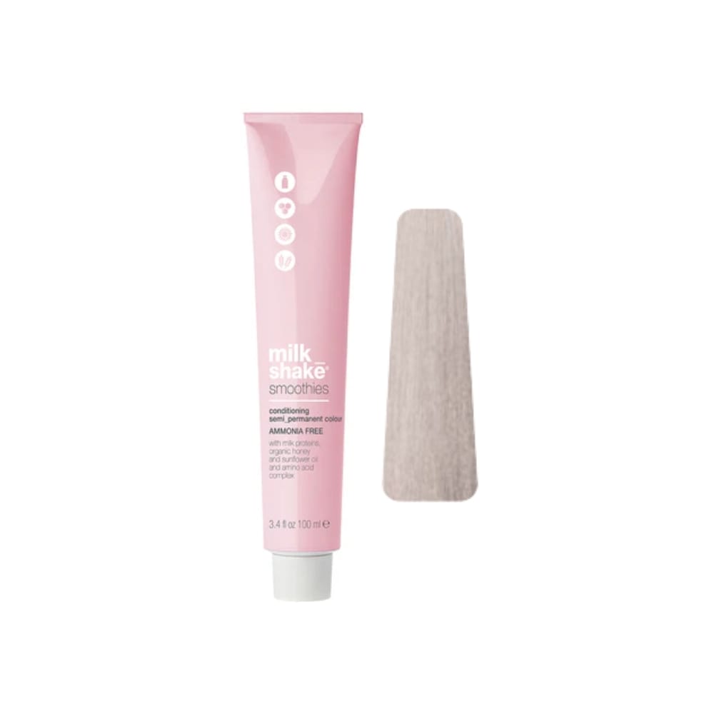 milk_shake Smoothies Semi-Permanent Hair Colour — 10AV Ash Violet Platinum Lightest Blond 100 ml tube and swatch