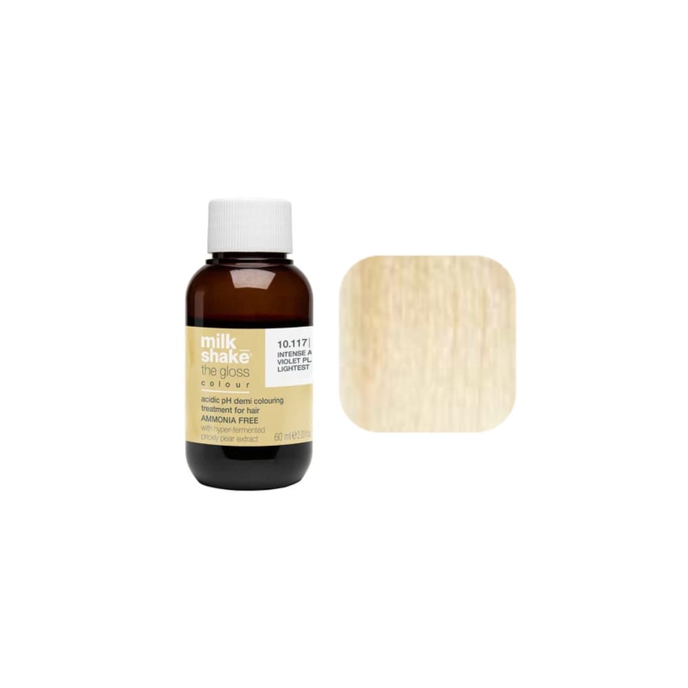 milk_shake The Gloss Colour 10N Platinum Lightest Blonde (10) 60 ml — bottle and shade swatch, plain white background