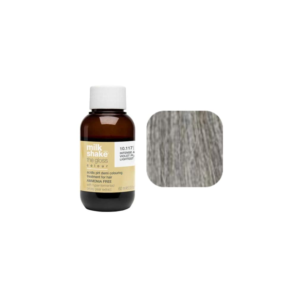 milk_shake The Gloss Colour 10AA Intense Ash Platinum Lightest Blonde (10.11) 60 ml — bottle and shade swatch, plain white background