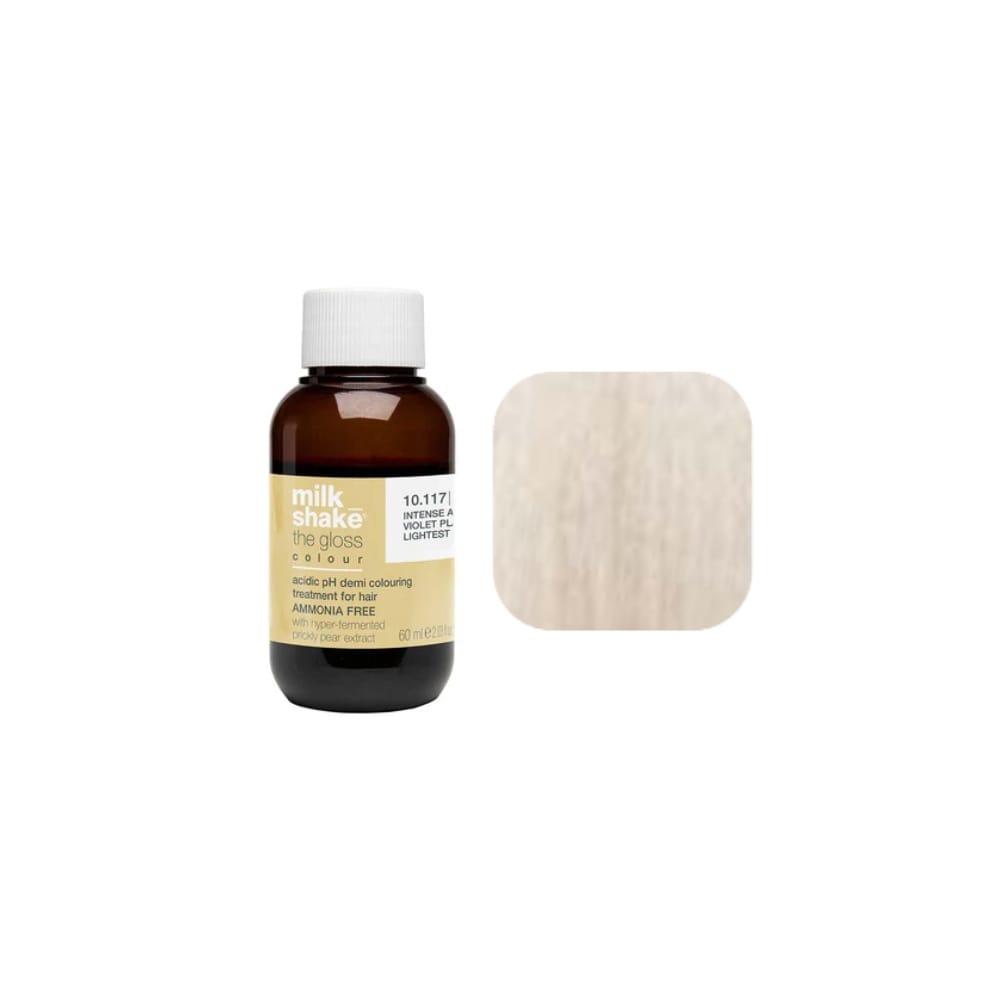 milk_shake The Gloss Colour 10AAV Intense Ash Violet Platinum Lightest Blonde (10.117) 60 ml — bottle and shade swatch, plain white background