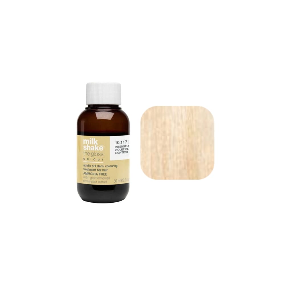 milk_shake The Gloss Colour 10GV Golden Violet Platinum Lightest Blonde (10.37) 60 ml — bottle and shade swatch, plain white background