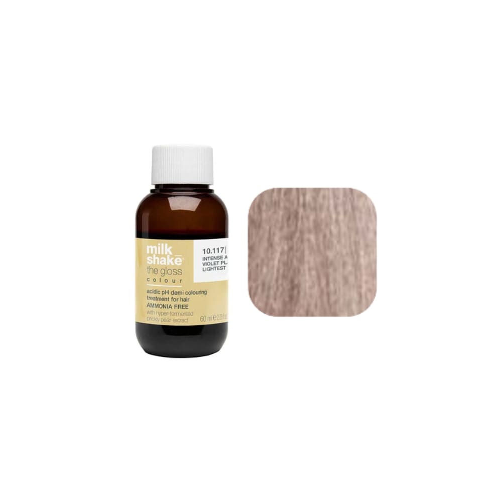milk_shake The Gloss Colour 10VV Intense Violet Platinum Lightest Blonde (10.77) 60 ml — bottle and shade swatch, plain white background