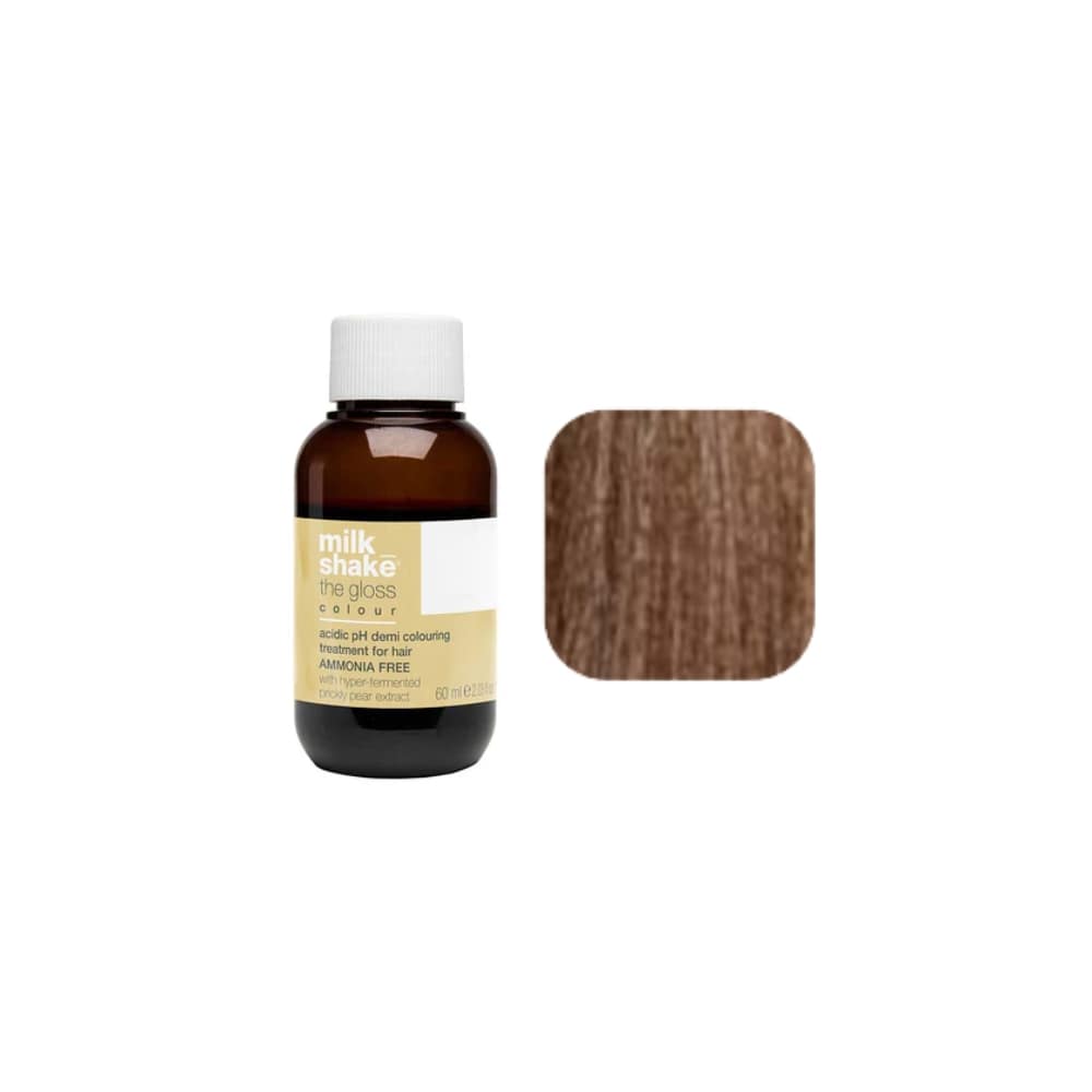 milk_shake The Gloss Colour 7BG Moka Golden Medium Blonde (7.83) 60 ml — bottle and shade swatch, plain white background