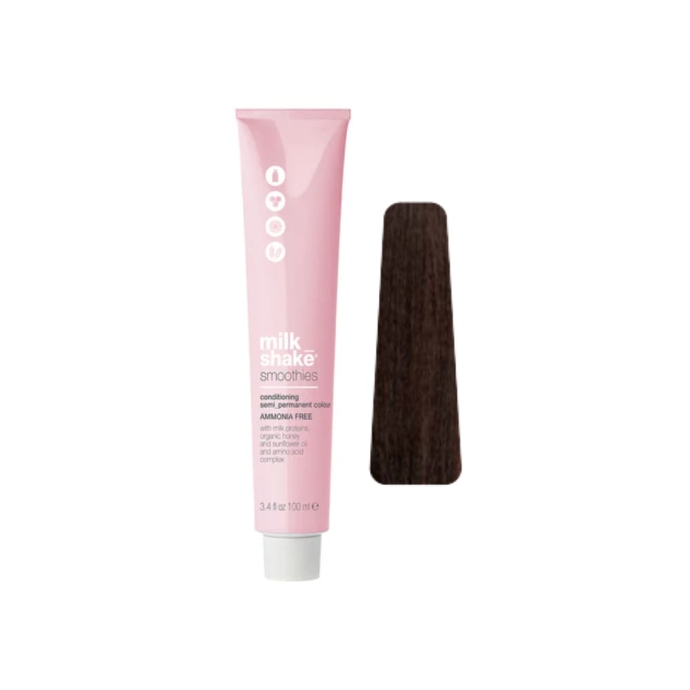 milk_shake Smoothies Semi-Permanent Hair Colour — 5CA Copper Ash Light Brown 100 ml tube and swatch