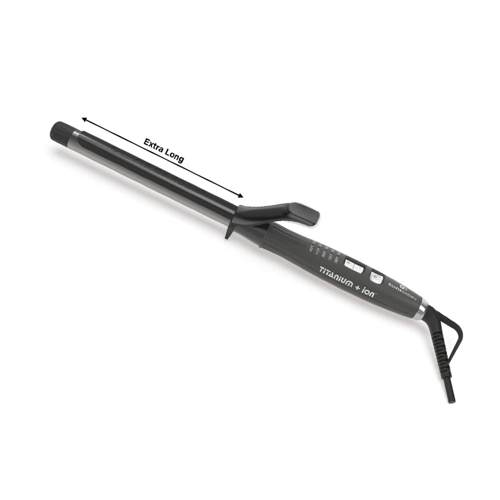 Olivia Garden Curling Iron, extra-long barrel — dark grey Titanium + Ion curling iron with a long smooth barrel and black spring clamp, heat settings and controls on the body, coiled black cord, an Extra Long arrow marked along the barrel, angled view on plain white