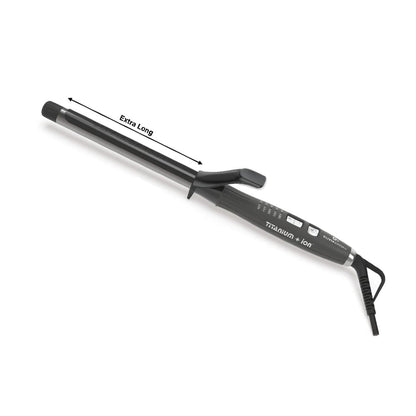 Olivia Garden Curling Iron, extra-long barrel — dark grey Titanium + Ion curling iron with a long smooth barrel and black spring clamp, heat settings and controls on the body, coiled black cord, an Extra Long arrow marked along the barrel, angled view on plain white