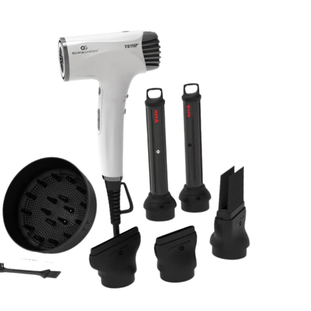 Olivia Garden JetHP professional hair dryer with its concentrator nozzles, diffuser and pik attachments, on a plain white background