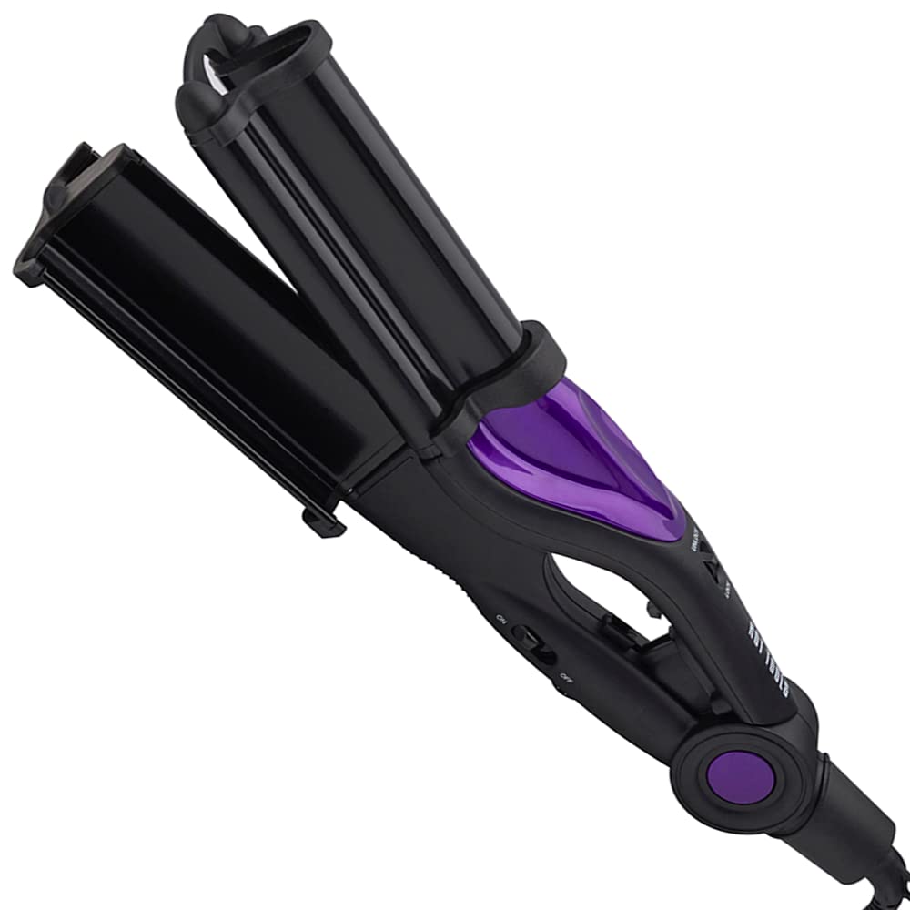 Hot Tools Deep Waver Ceramic Tourmaline Plates — purple and black triple-barrel deep waver styling iron, plain white background