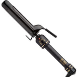 Hot Tools 1 1/4" Curling Iron/Wand — Black Gold barrel curling iron with clamp, front view, plain white background
