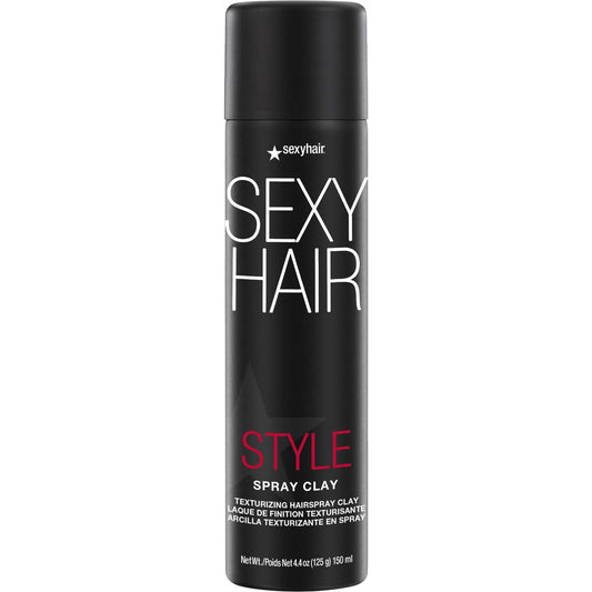 SexyHair Style Spray Clay Texturizing Hairspray Clay — black 4.4 oz can, front label, plain white background