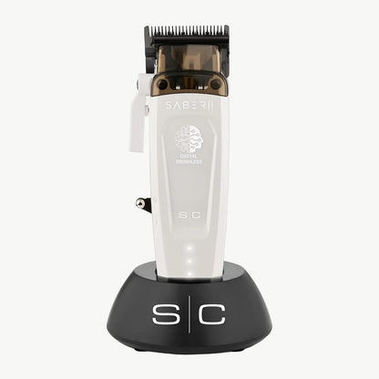 Color: White; Saber 2 Professional Hair Clipper with EON Digital Brushless Motor clipper in charging base
