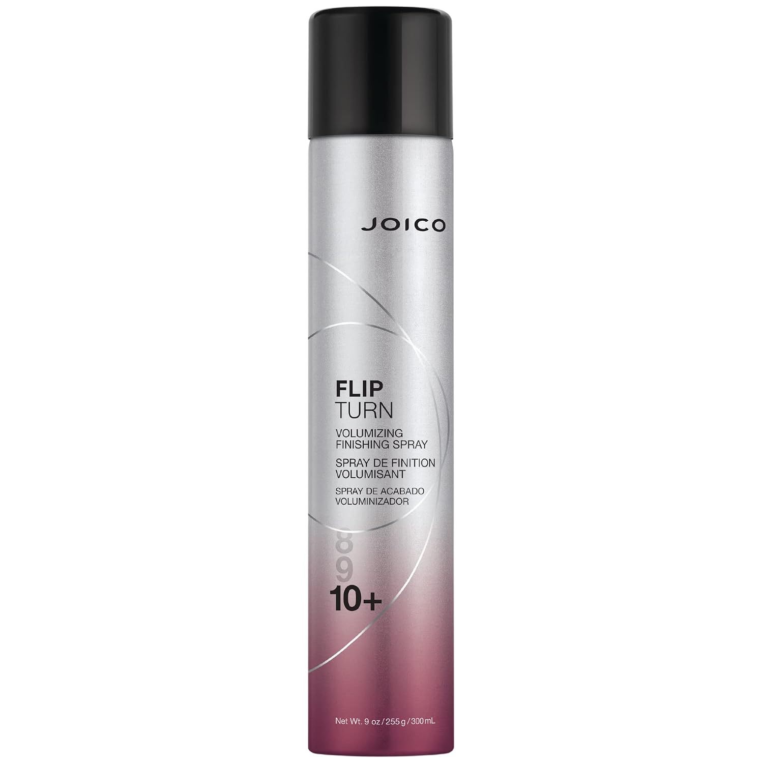 Joico Flip Turn Volumizing Finishing Spray — 300 ml aerosol can, front label, hold level 10+, plain white background