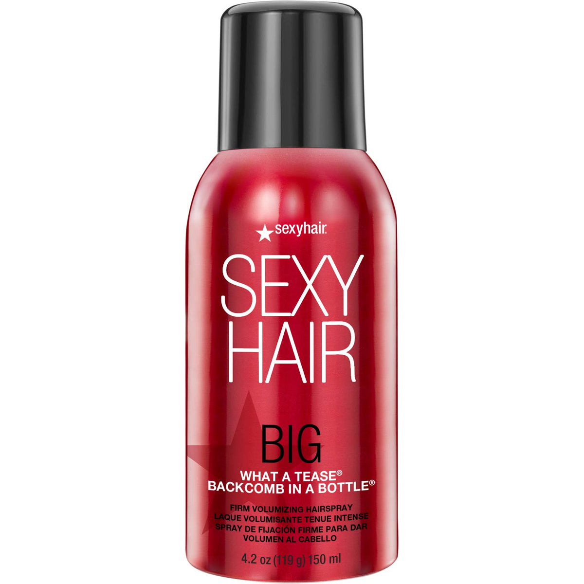 SexyHair Big What A Tease Backcomb in a Bottle Firm Volumizing Hairspray — red 4.2 oz can, front label, plain white background