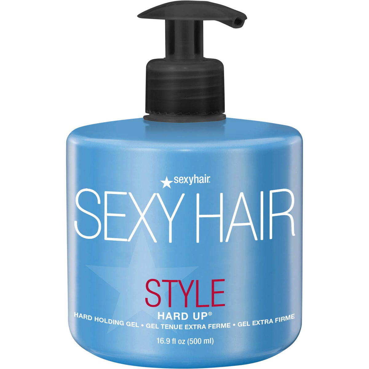 SexyHair Style Hard Up Hard Holding Gel — 16.9 fl oz (500 ml) blue pump bottle, front label, plain white background