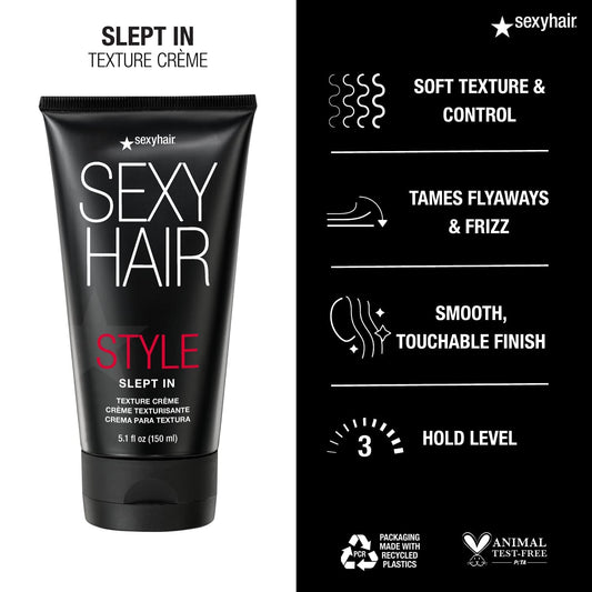 SexyHair Style Slept In Texture Creme — tube with soft-texture, frizz-taming and hold-level claims
