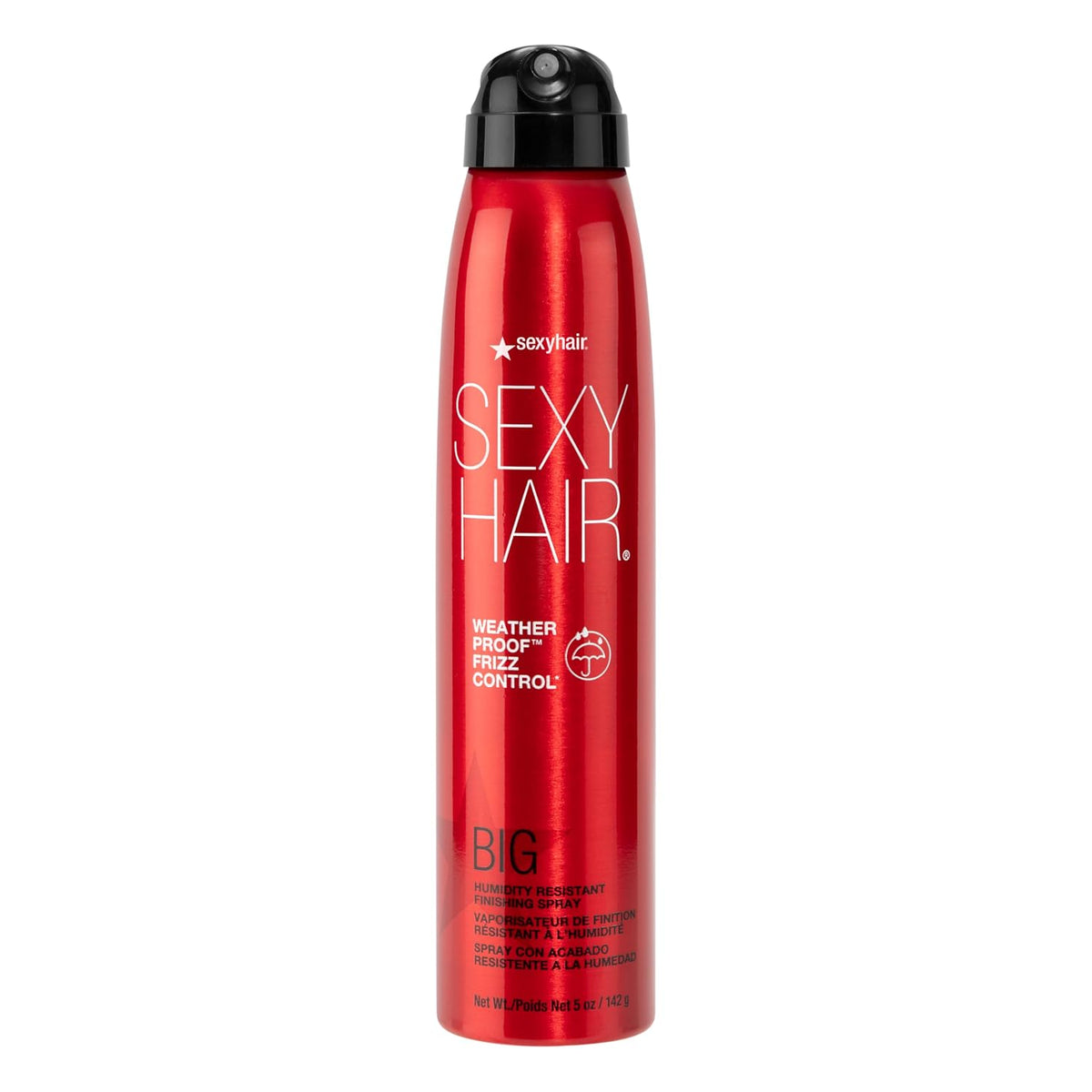 SexyHair Big Weather Proof Frizz Control Finishing Spray — current-livery red 142 g can, front label, plain white background