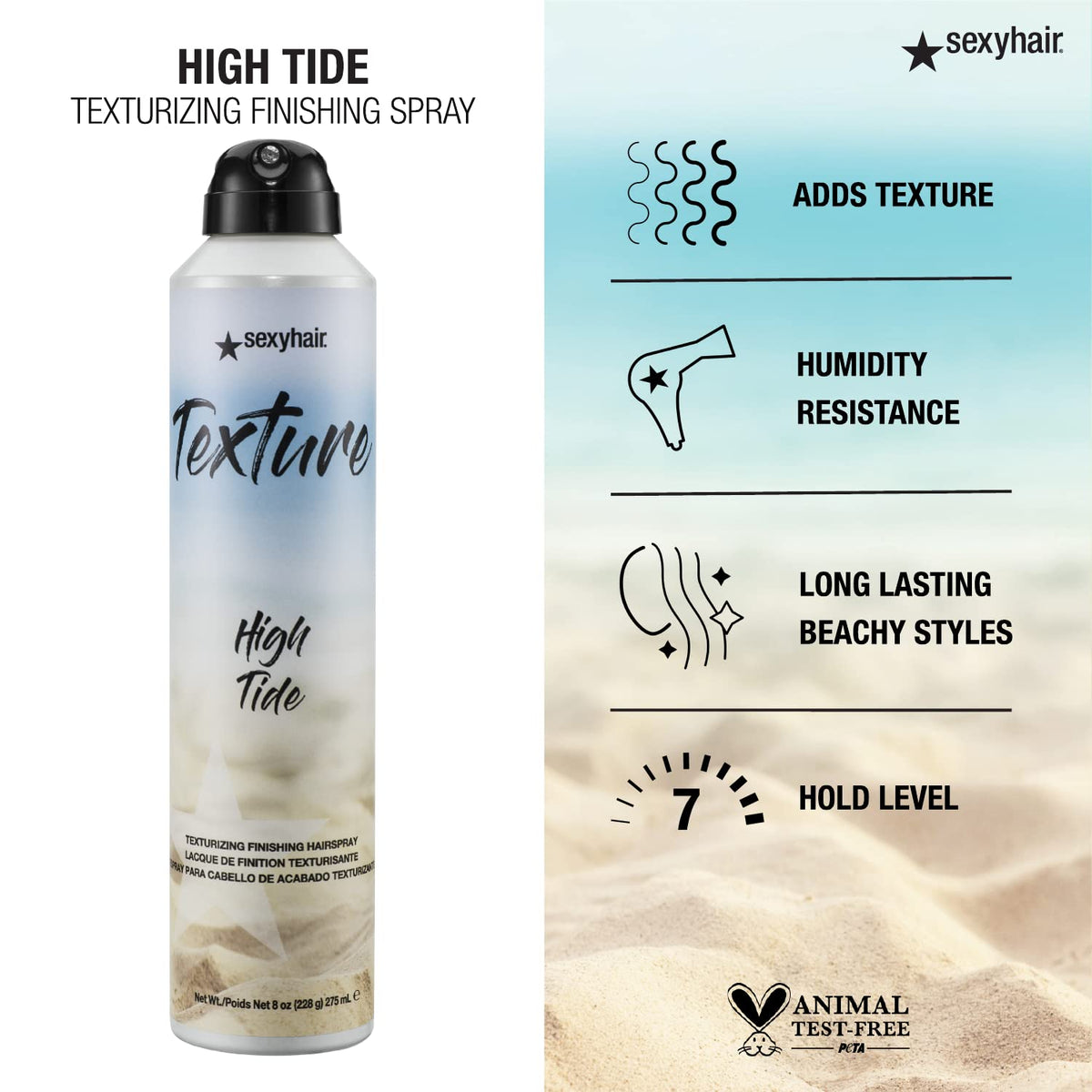 SexyHair Texture High Tide Texturizing Finishing Hairspray — can with texture, humidity-resistance and hold-level claims