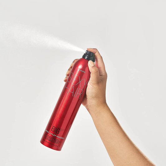 SexyHair Big Spray & Play Harder Firm Volumizing Hairspray — can being sprayed, showing the mist