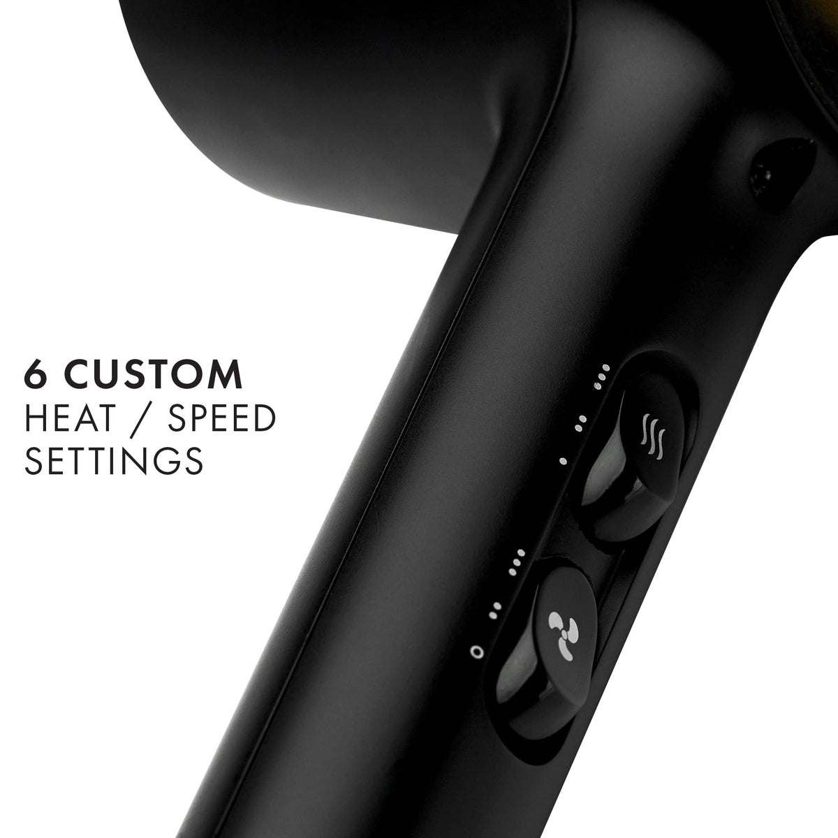 Hot Tools Black Gold QuietAir power dryer controls — six custom heat and speed settings