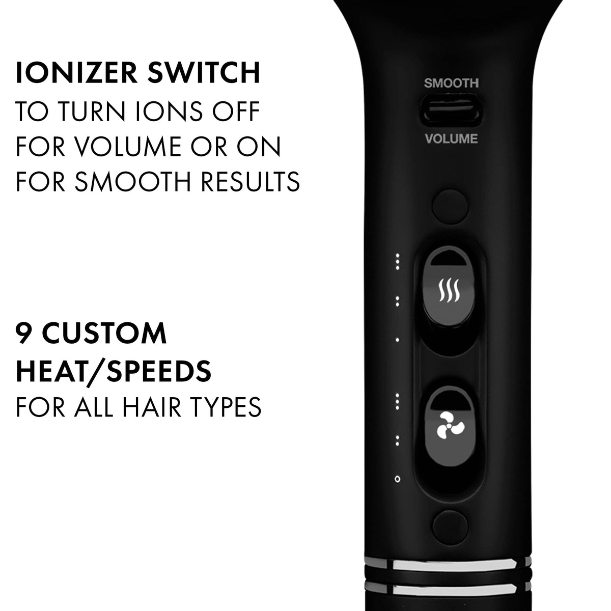 Hot Tools Black Gold Pro ionic salon dryer controls — ionizer switch and nine custom heat/speed settings