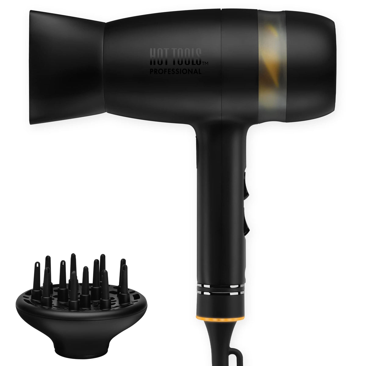 Hot Tools Black Gold QuietAir power dryer shown with its curl diffuser attachment