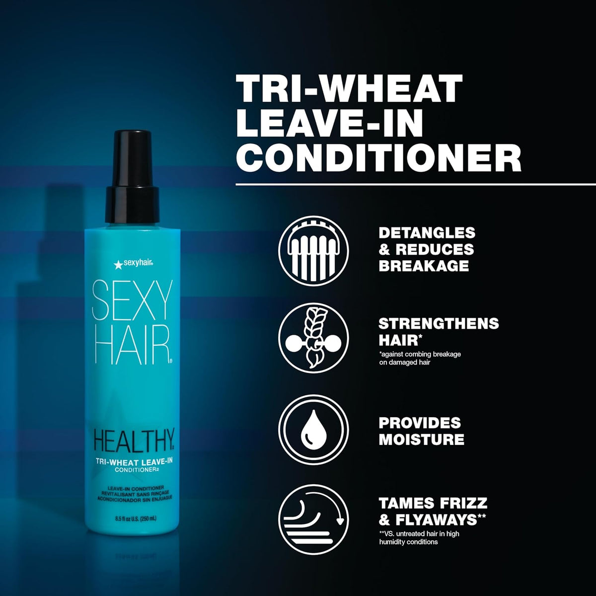 SexyHair Healthy Tri-Wheat Leave-In Conditioner — bottle with detangling, strengthening and frizz-taming claims