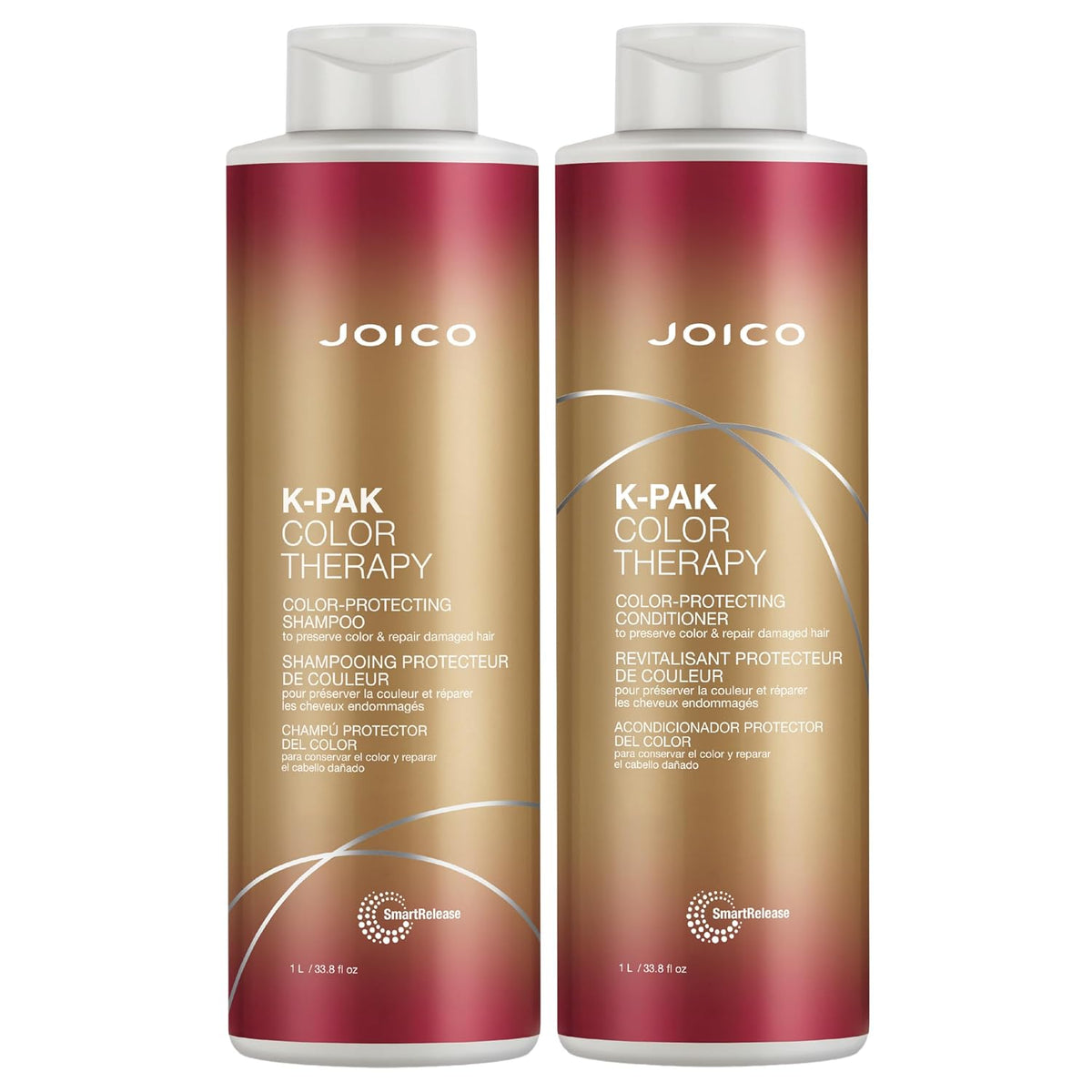 Joico K-PAK Color Therapy Shampoo & Conditioner Duo — two 1 L bottles side by side — shampoo and conditioner back-bar duo, plain white background