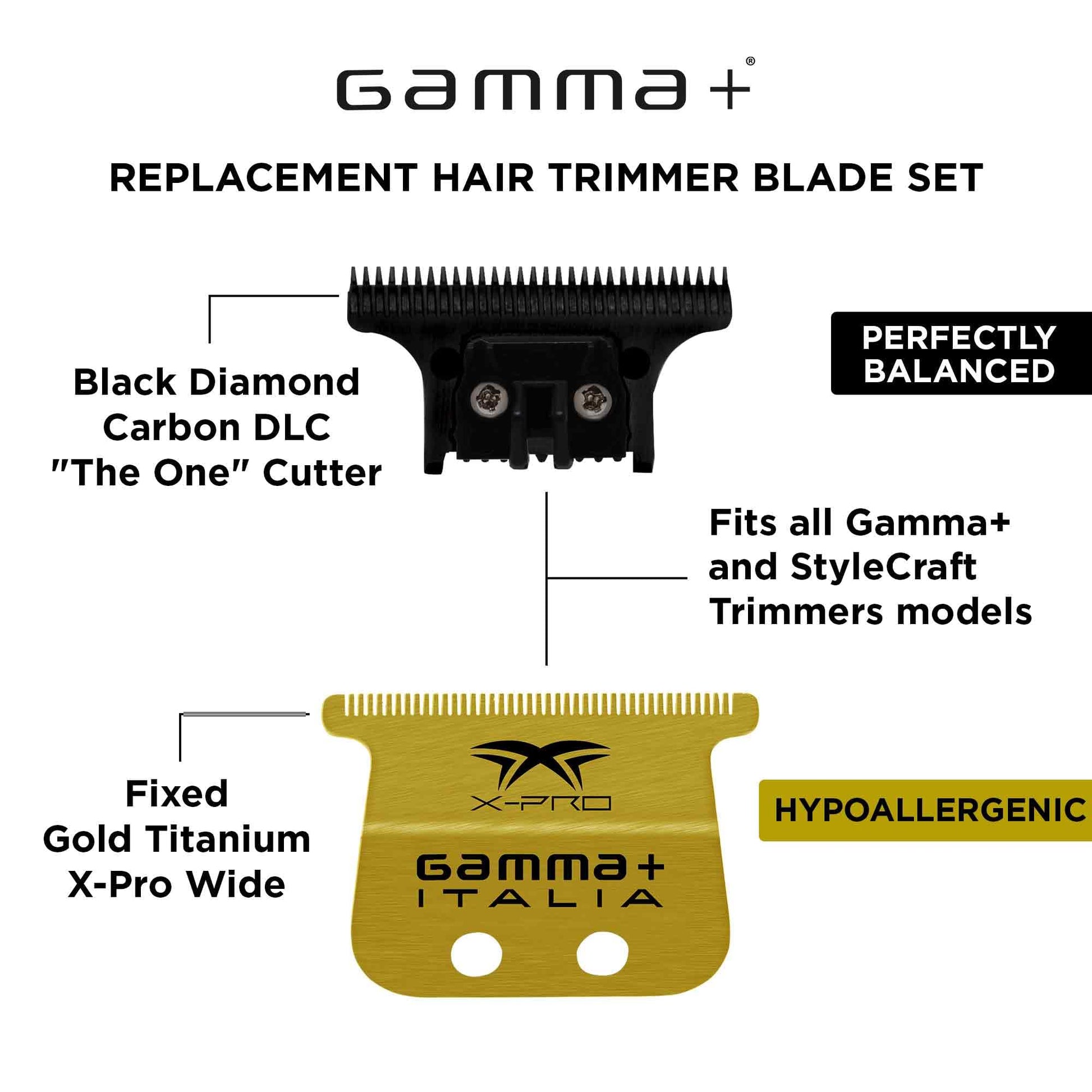 Gamma+ Gold Titanium X-Pro Wide Trimmer Blade & Black DLC "The One"  Cutter – Professional