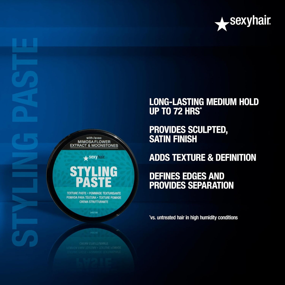 SexyHair Healthy Styling Paste Texture Paste — jar with medium hold and satin finish claims