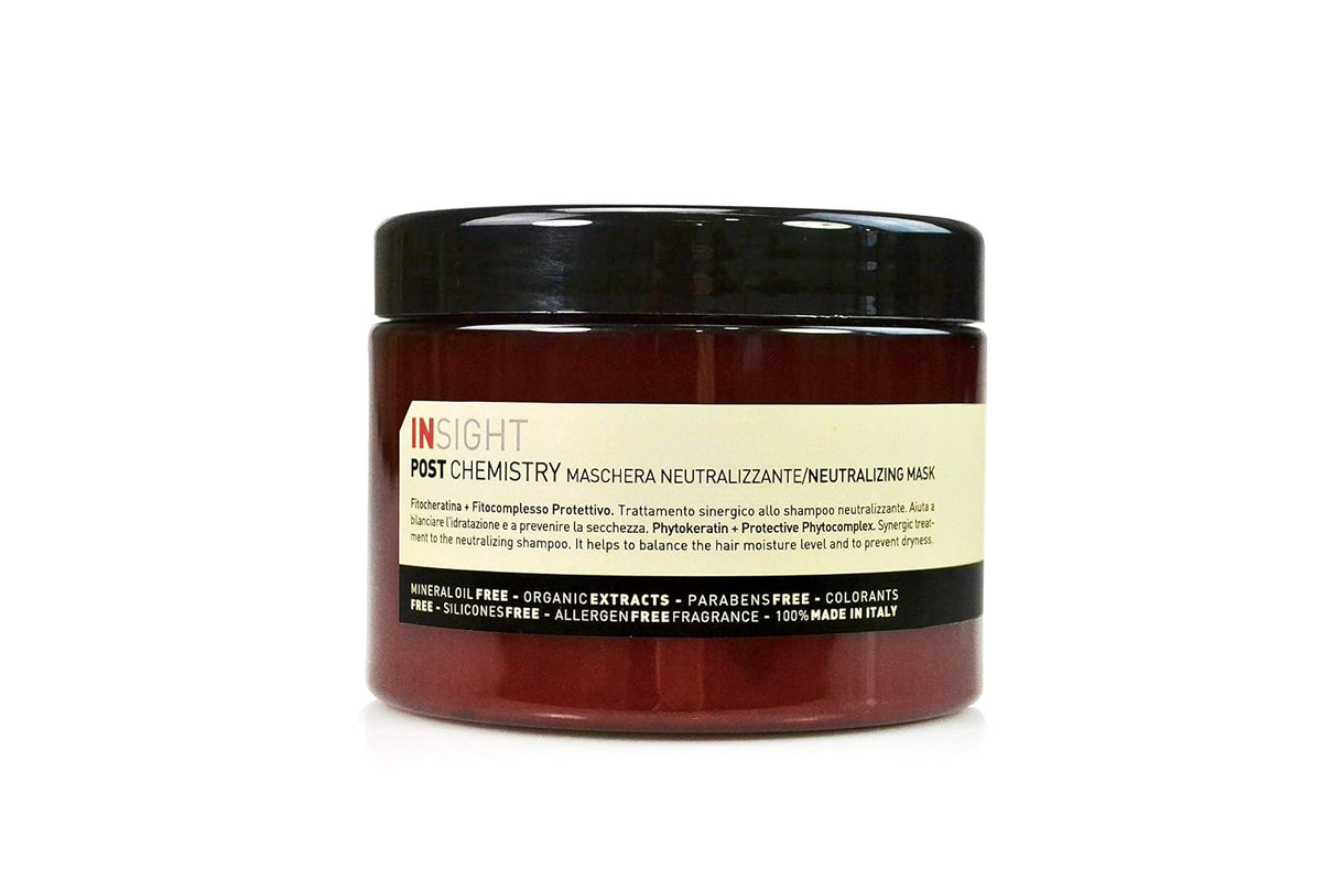 Insight Post Chemistry Neutralizing Mask 500 ml — amber 500 ml jar with black lid and cream front label, front view on white