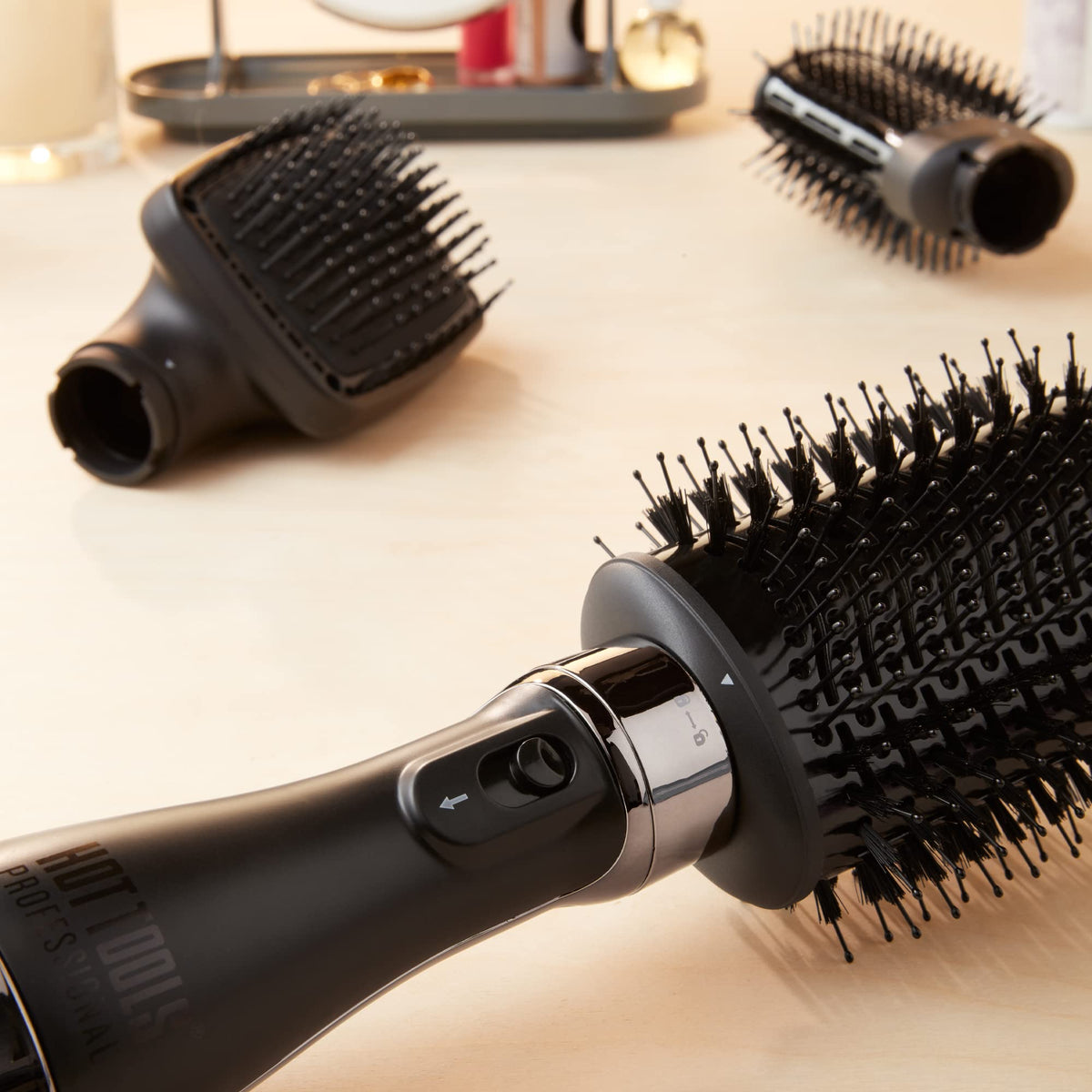 Hot Tools Black Gold one-step blowout shown with both brush heads