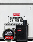 Uppercut Deluxe Matte Pomade + 3 in 1 Wash Duo — duo gift pouch with the 100 g Matte Pomade tin and the 240 ml 3 in 1 Wash bottle, plain white background